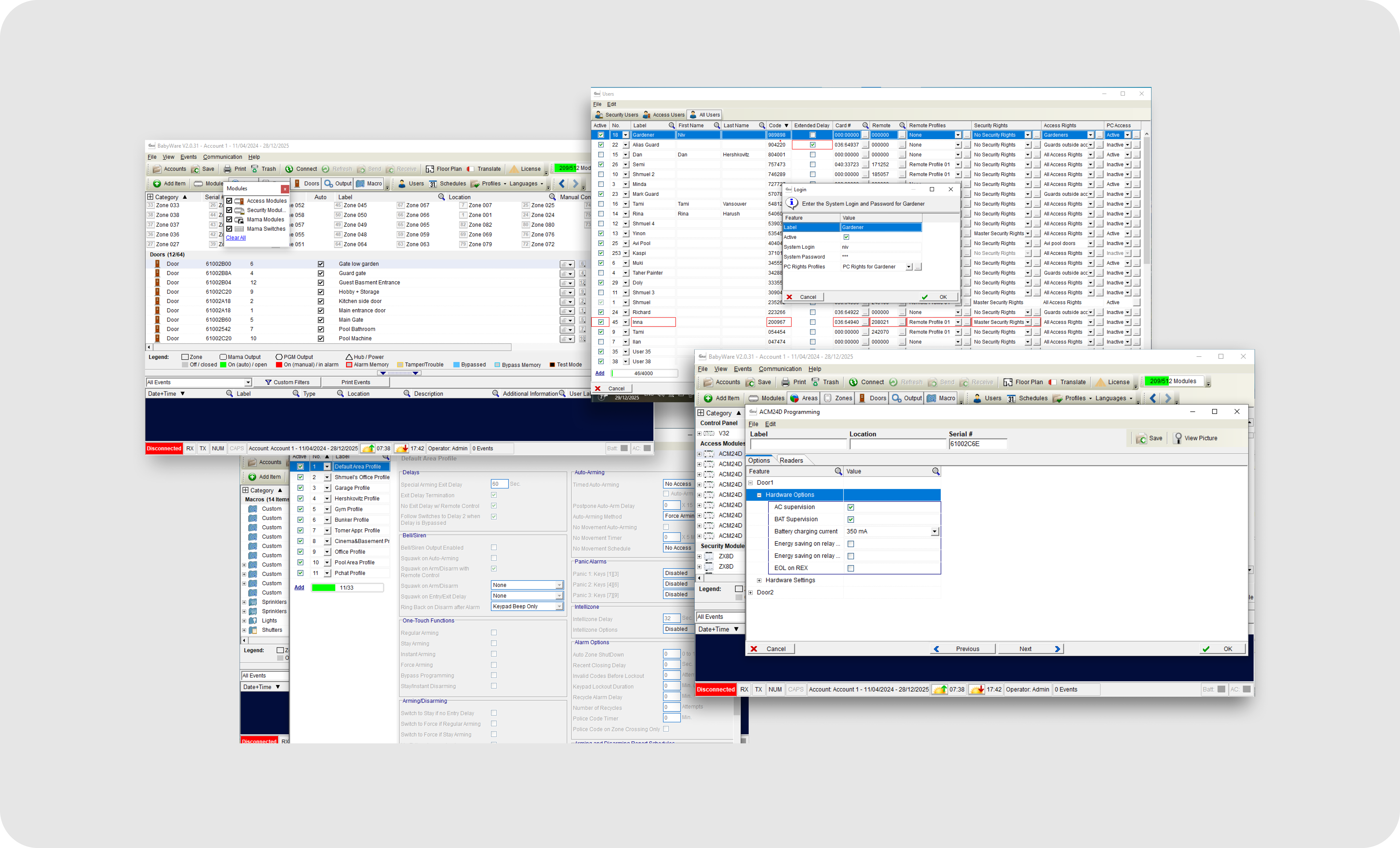 BabyWare legacy configuration screens collage — Users, Modules, Macros, Area profiles and ACM24D door programming windows