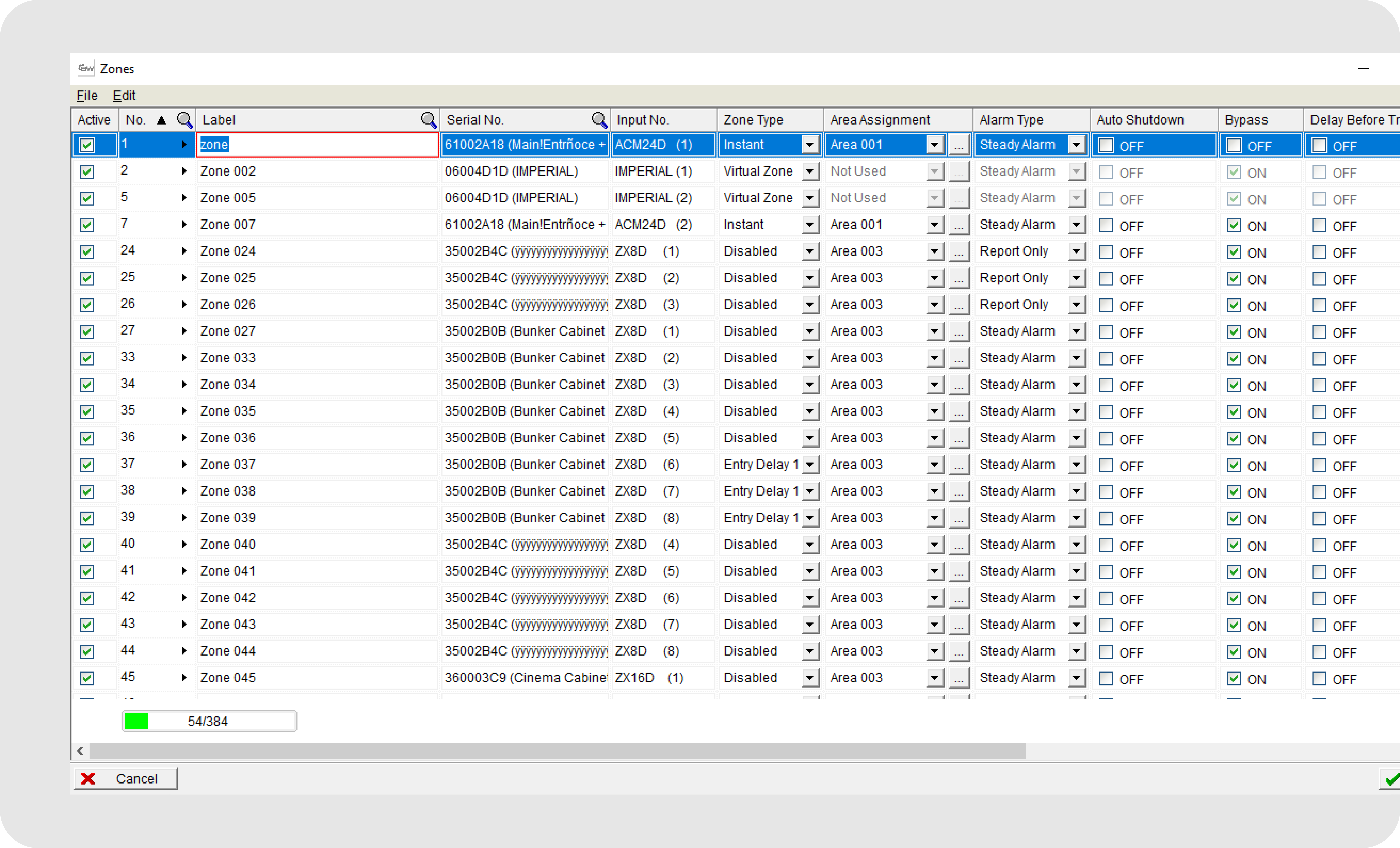 Zoom into a BabyWare Zones configuration screen — dense table of zones with labels, serial numbers, input numbers, zone types, area assignment, alarm type, auto shutdown and bypass settings