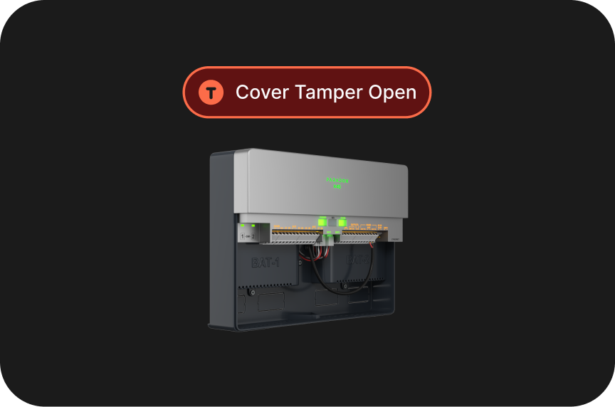 X45 main unit shown with its cover open and a 'Cover Tamper Open' trouble badge — an example of a live trouble indication surfaced in context