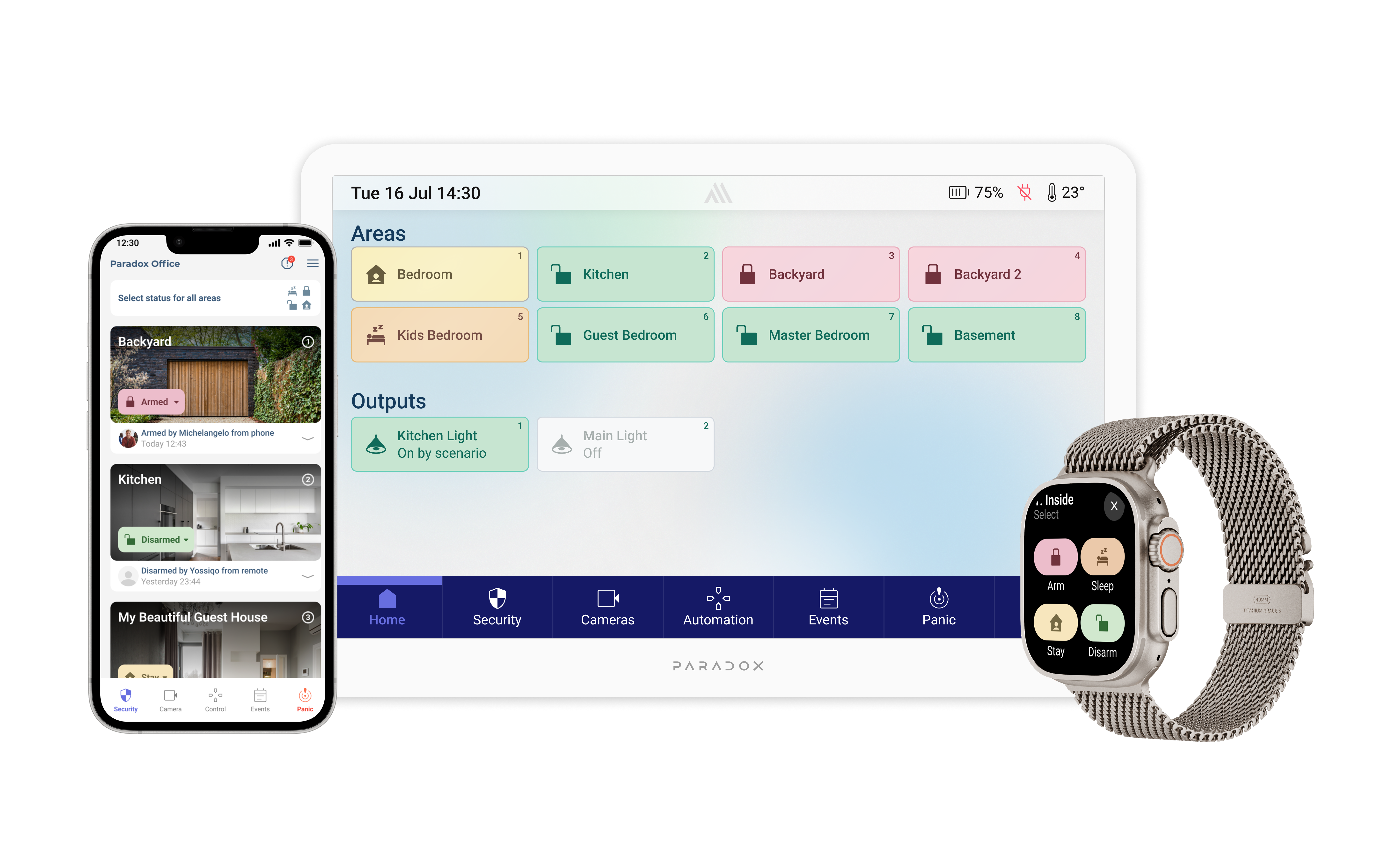 BlueEye on phone, wall keypad, and Apple Watch