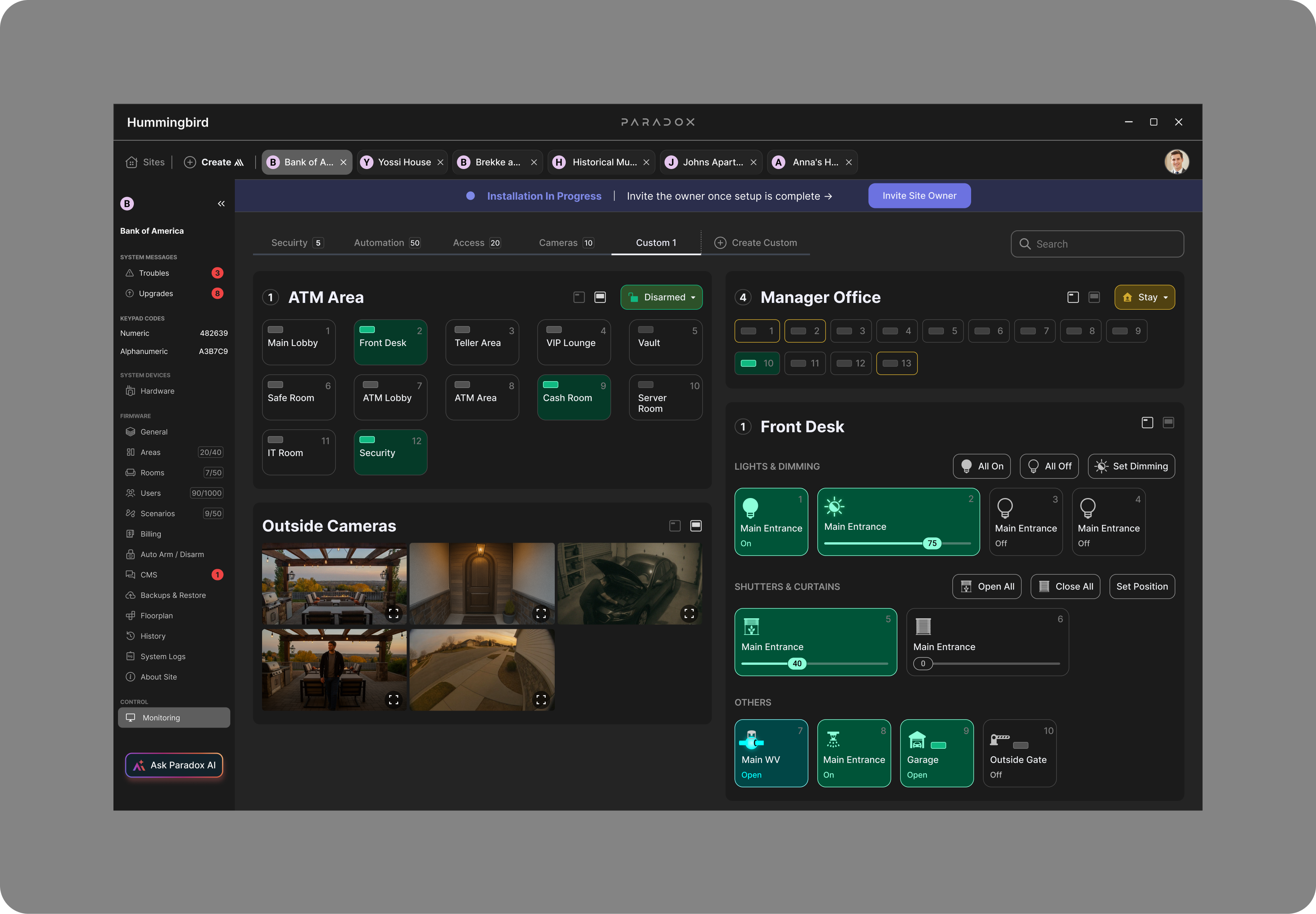 Monitoring screen, custom dashboard tab — mixing a security area with grouped zones, a live Outside Cameras grid, and automation controls (Lights & Dimming, Shutters & Curtains, and Others such as water valve, sprinkler, garage and outside gate)