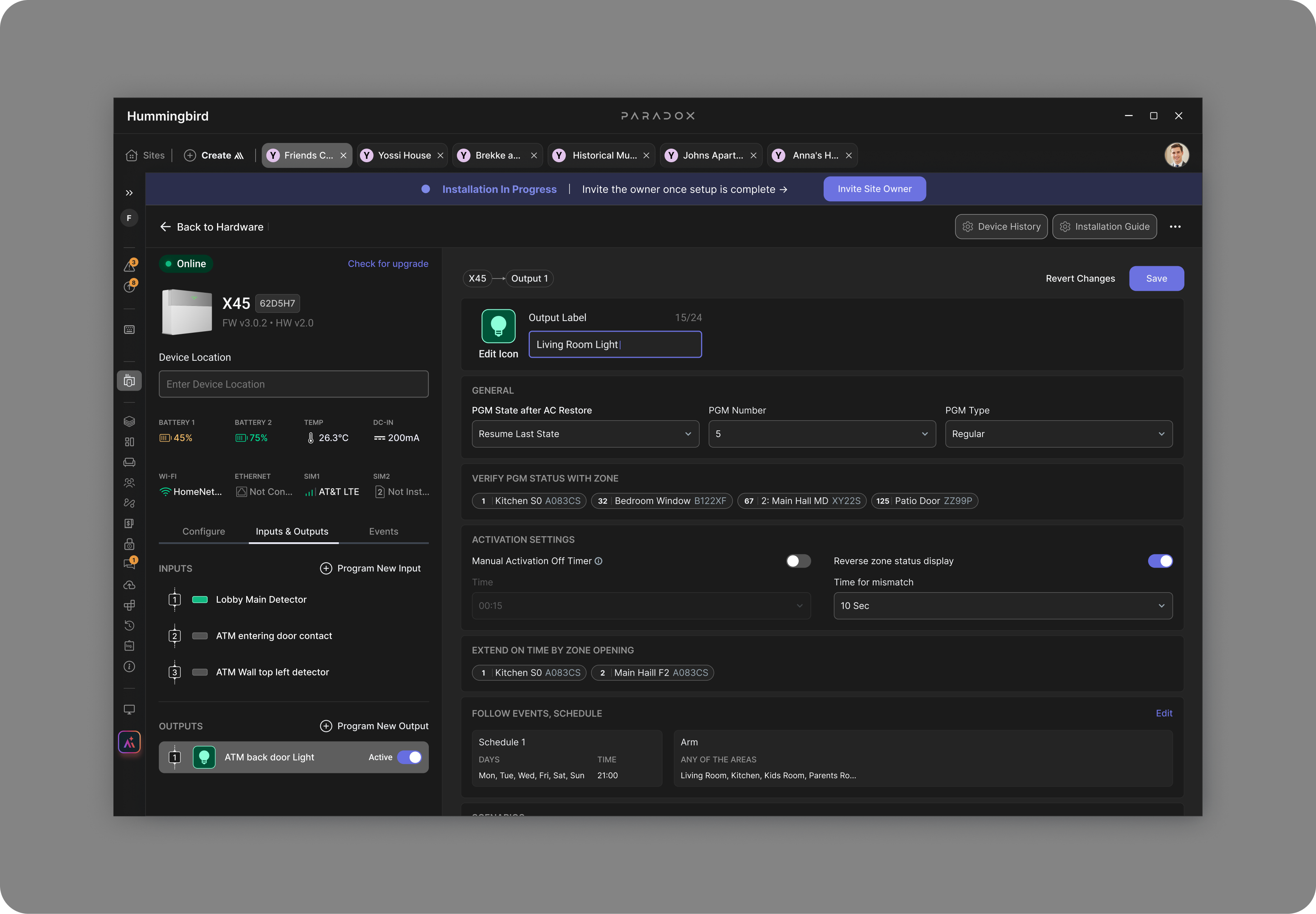 Output details screen — X45 side panel with the output list, and detailed settings: PGM general options, verify PGM status with zone, extend-on-time by zone opening, activation settings, follow events schedule, and local save actions