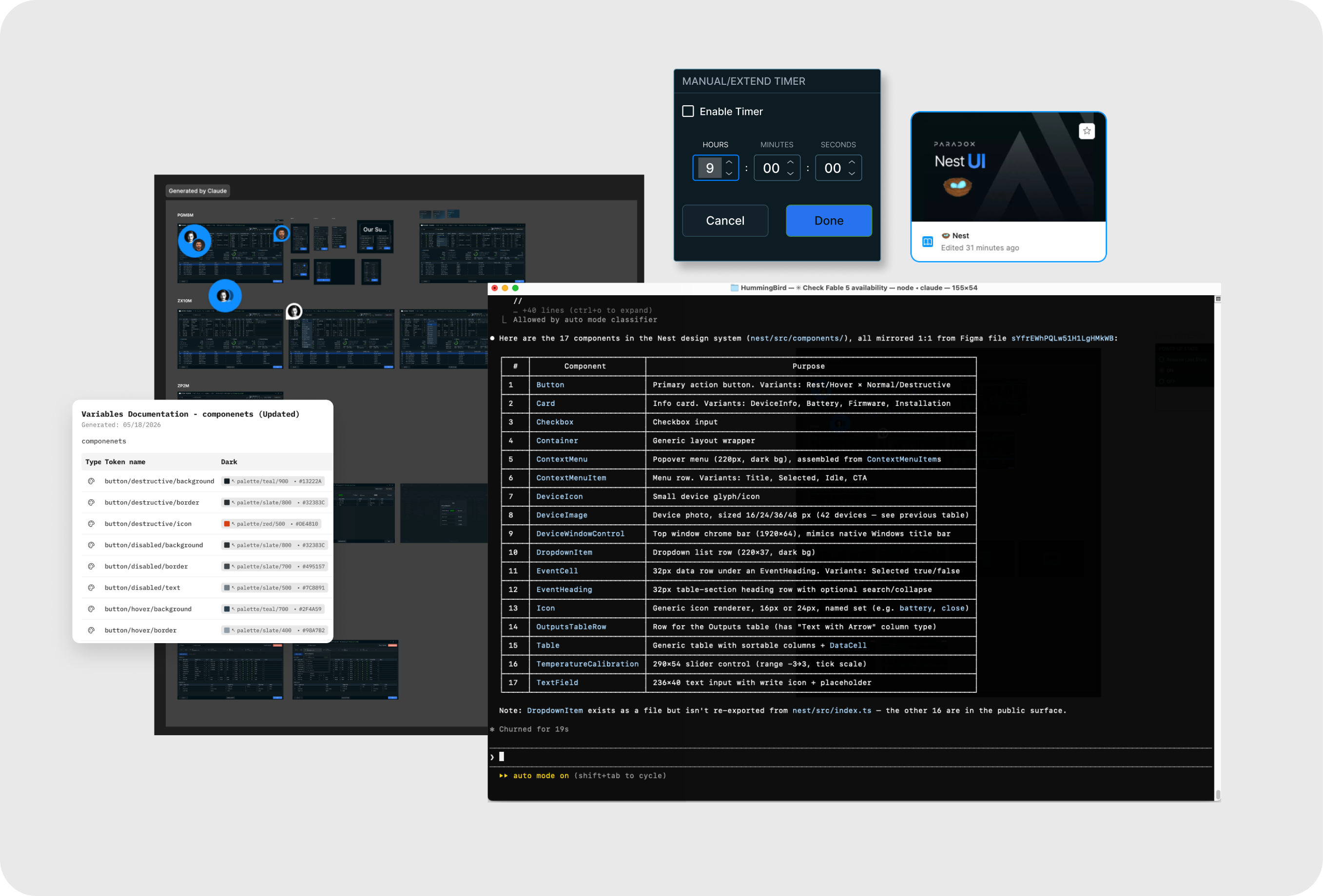 Claude Code working with the Nest Design System — a Figma canvas of generated device screens, a component-list terminal session, a variables and token documentation panel, and a Manual/Extend Timer dialog