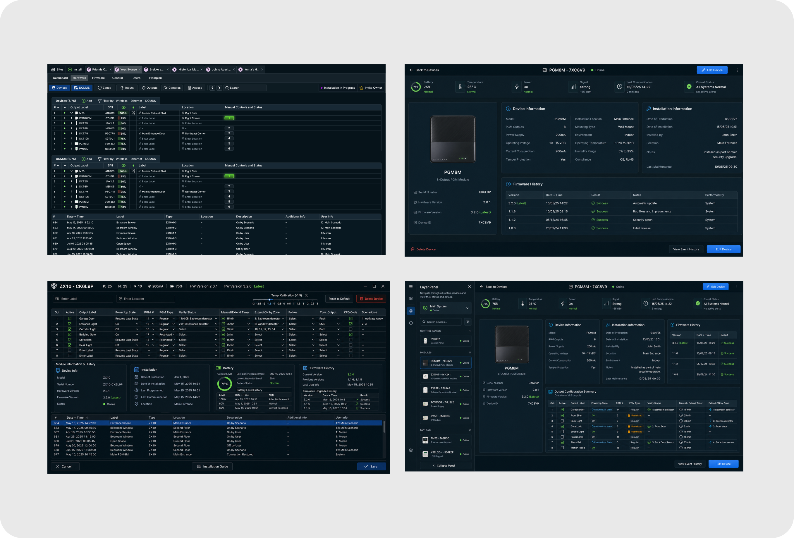 AI layout exploration — dark ZX10 output configuration screen with an outputs table, module information and history, battery and firmware panels, and an events log