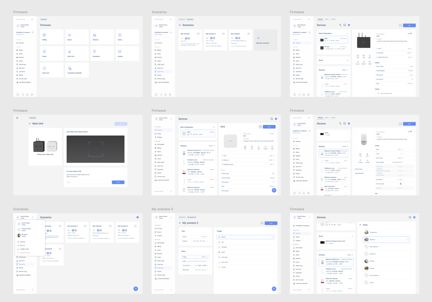 App-aligned desktop direction — board of Firmware, Devices, Zones, Scenarios and Area screens following the mobile product language