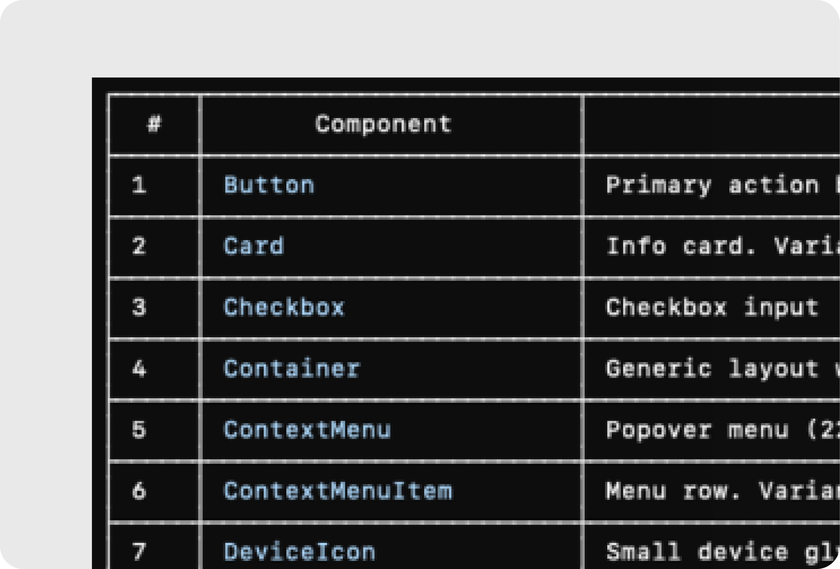 Claude terminal session listing the 17 Nest design system components mirrored 1:1 from Figma — Button, Card, Checkbox, Container, ContextMenu, Table, TemperatureCalibration, TextField and more, with their purposes