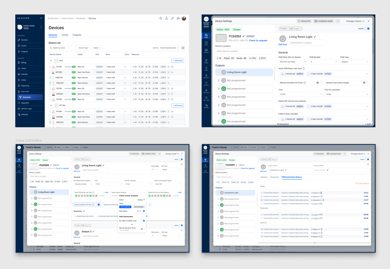 Hybrid behavior testing board — four Hummingbird screens: Devices list, Device Settings with outputs, the Follow Events schedule panel, and PGM Activation History